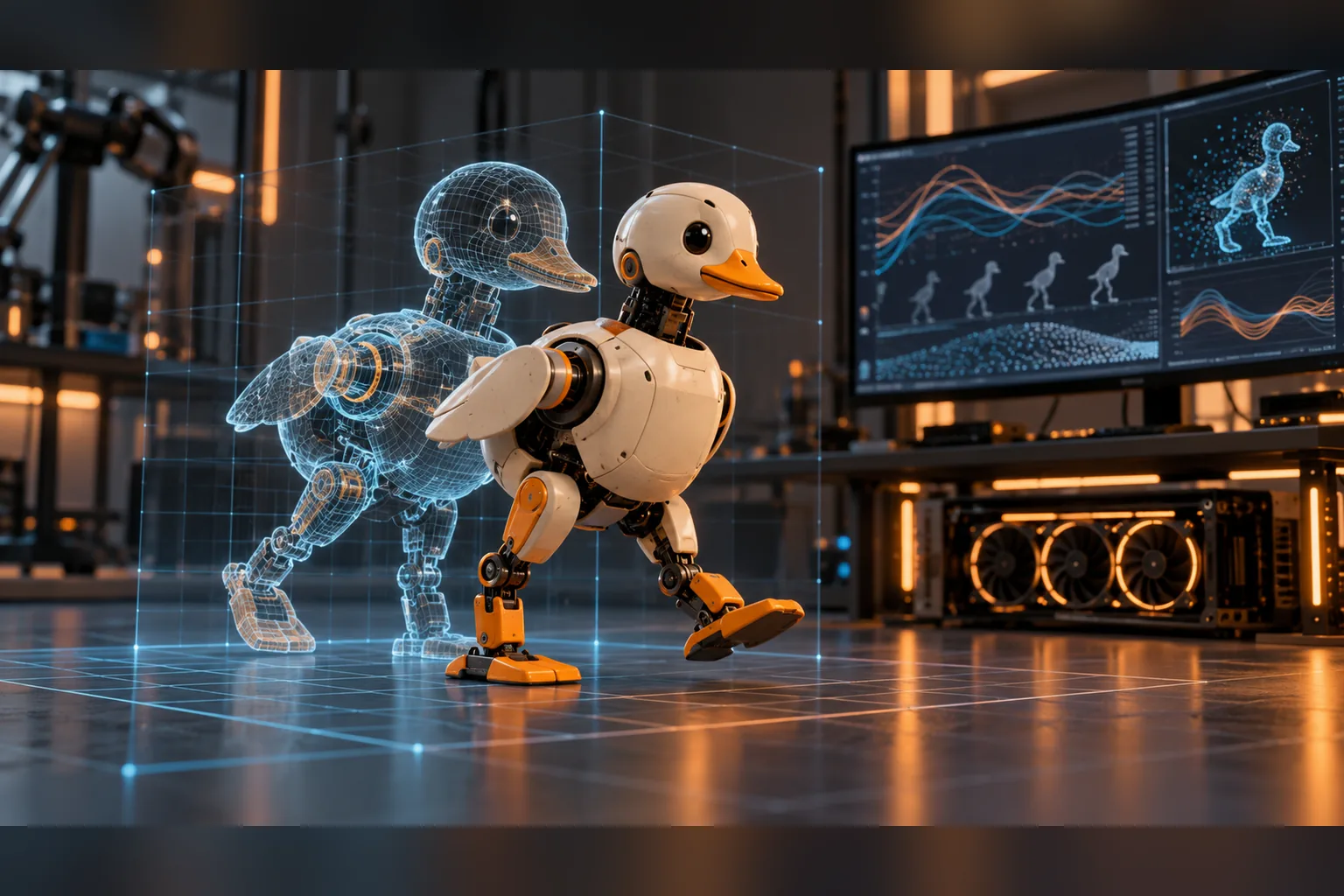 A robot walking through a transparent simulation grid beside a GPU workstation