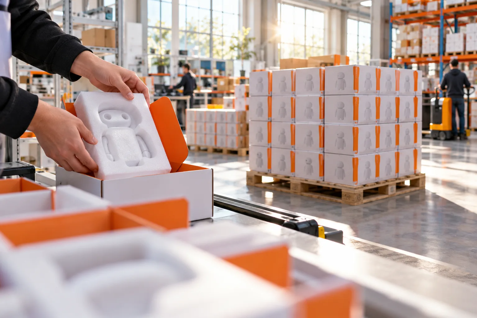 A Microduck packed into its box in a bright warehouse