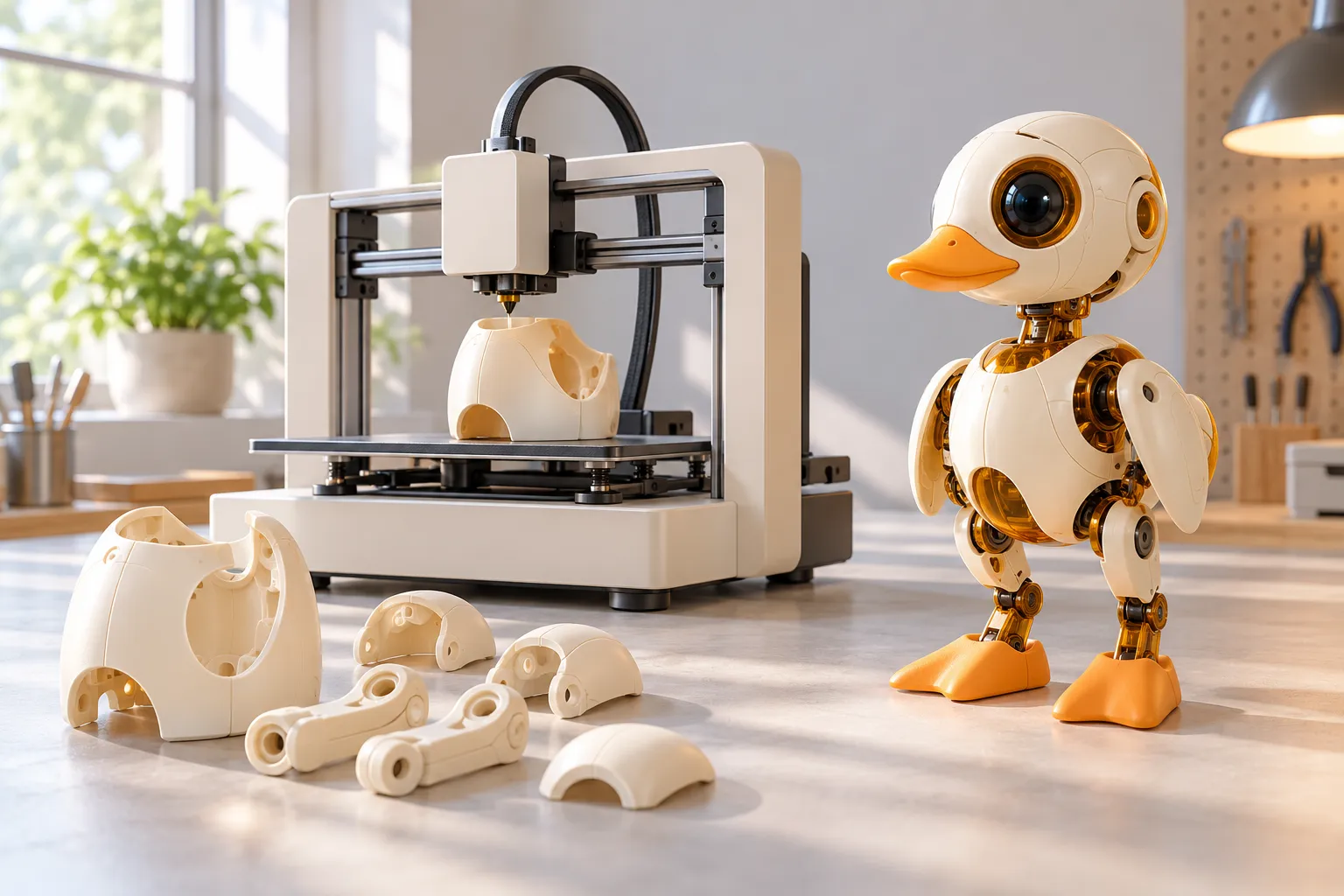 A 3D printer producing cream and orange parts beside a Microduck robot