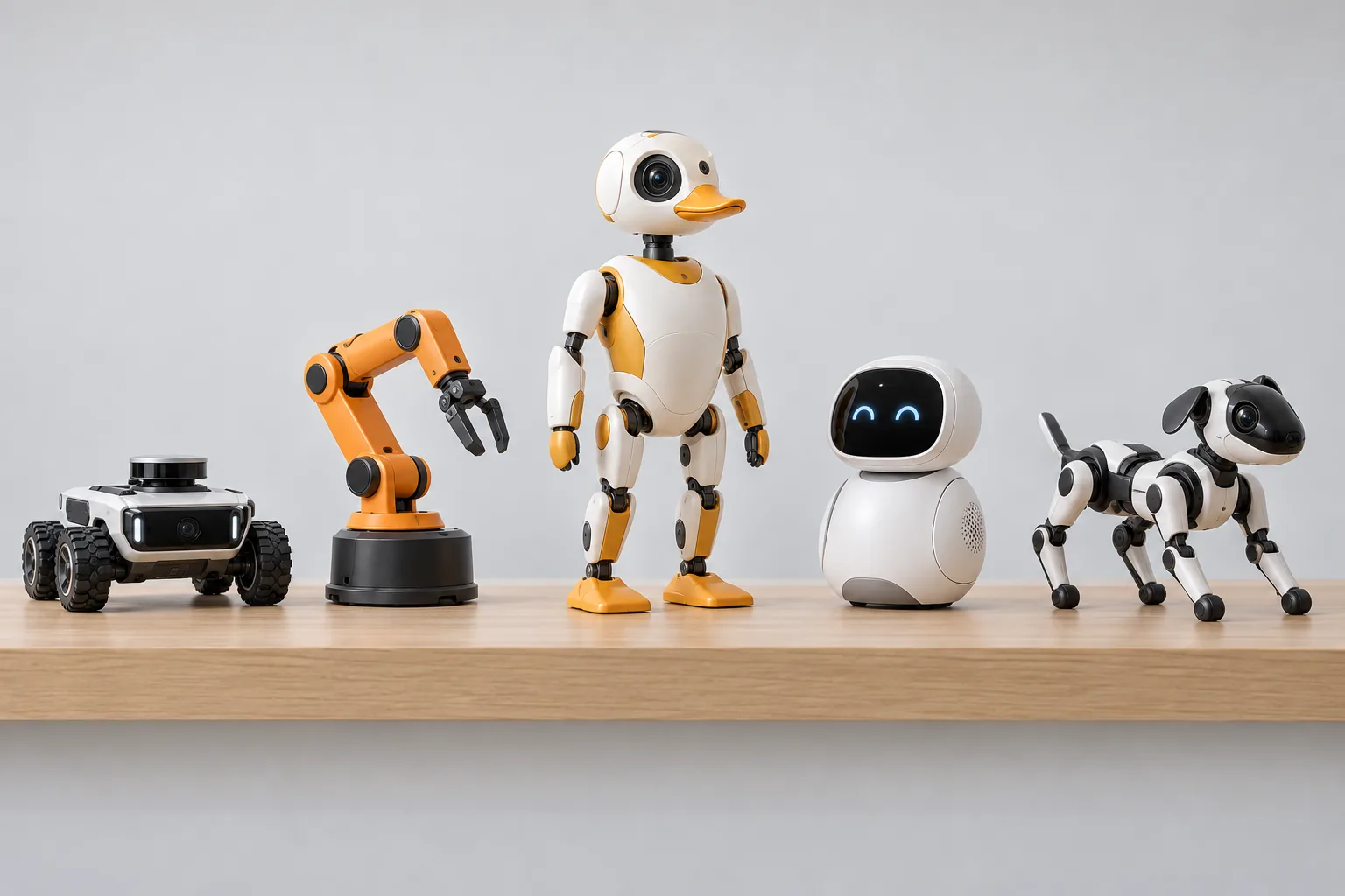 A lineup of small robots on a shelf for comparison