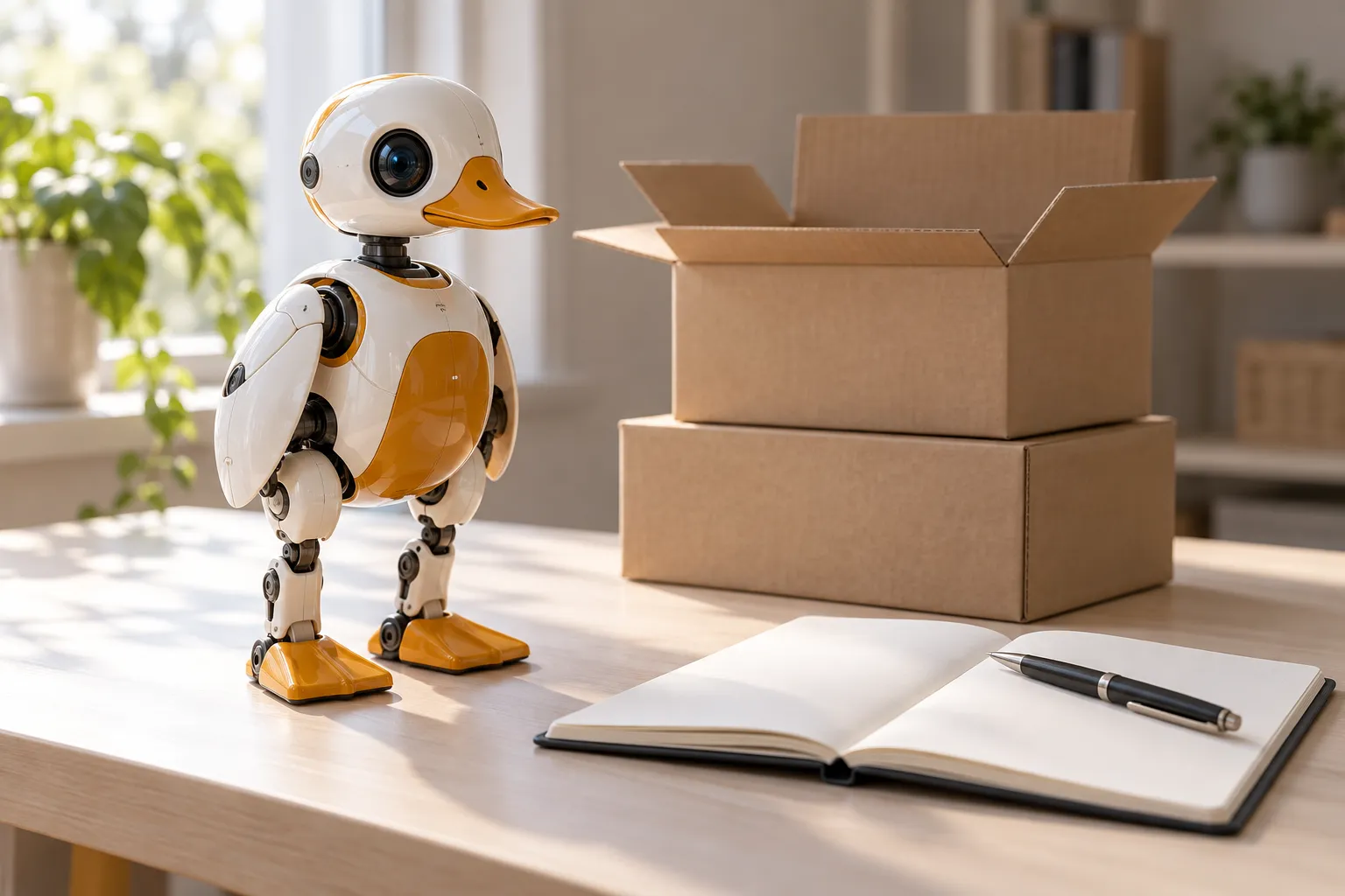 Microduck on a light desk next to a blank notebook and two plain boxes