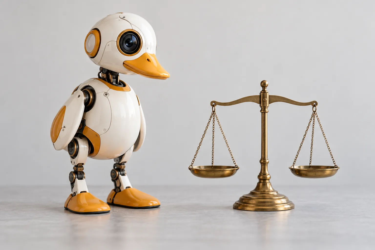 Microduck on a light desk beside a small balance scale