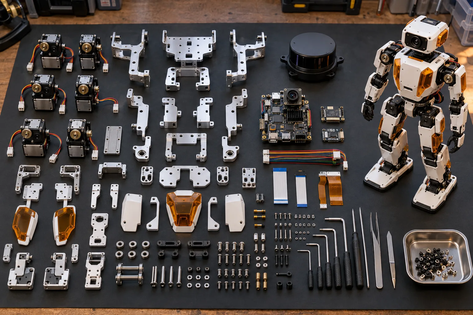 The disassembled parts of an open-source biped robot laid out on a workbench