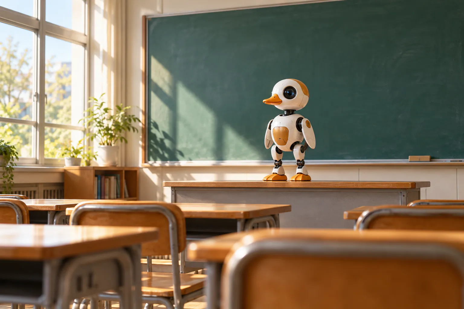 Microduck on a classroom desk in front of a blank board