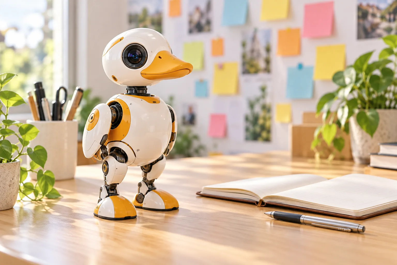 A Microduck robot on a desk in front of a wall of notes