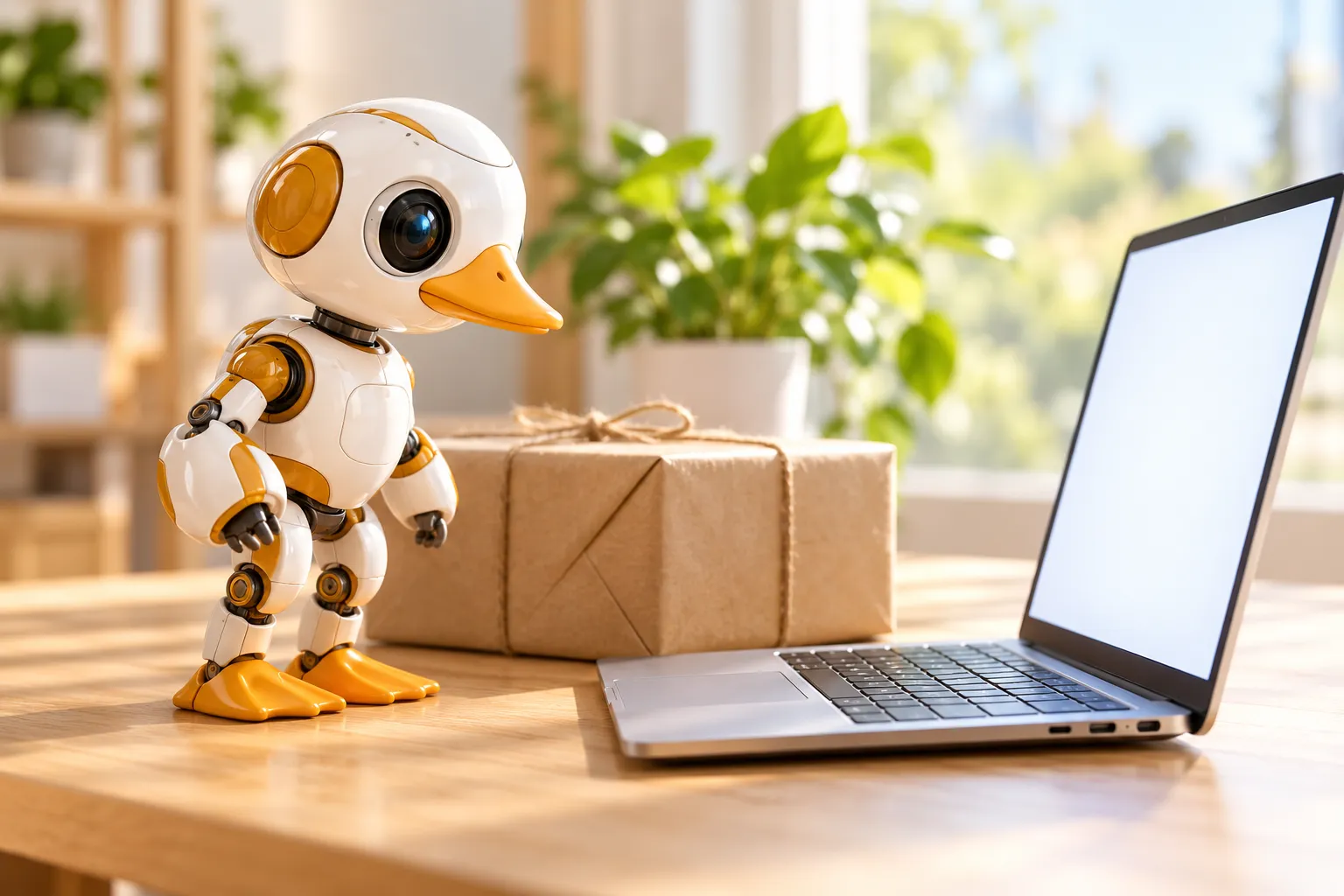 Ein Microduck-Roboter neben einem verschnürten Paket auf einem hellen Schreibtisch