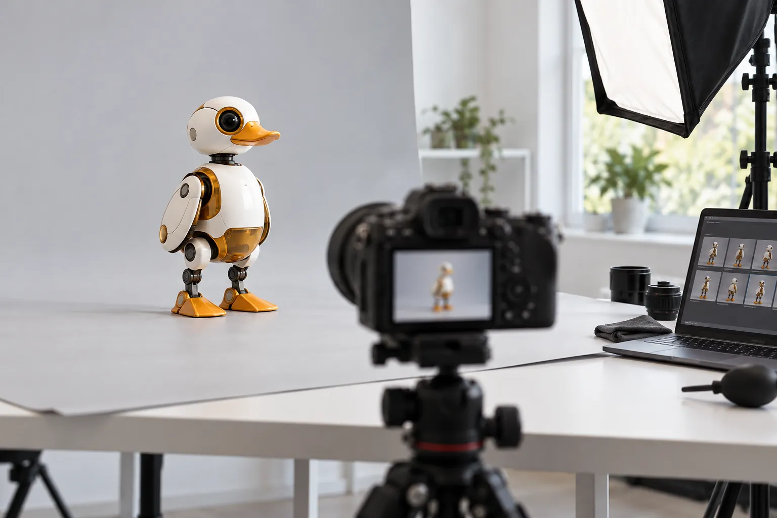 The Microduck robot on a studio table while a camera photographs it