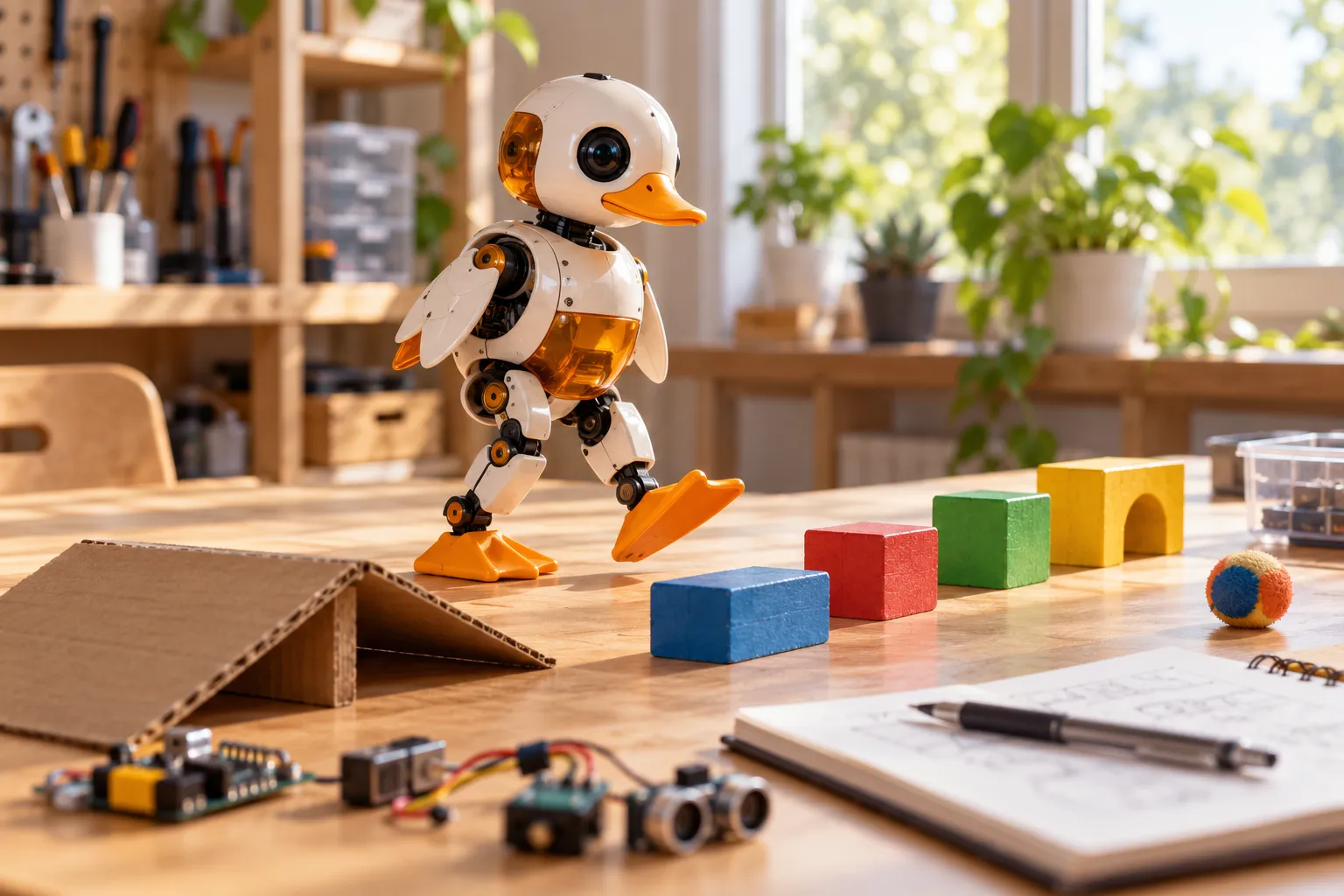 A Microduck mid-step on a workbench surrounded by project materials