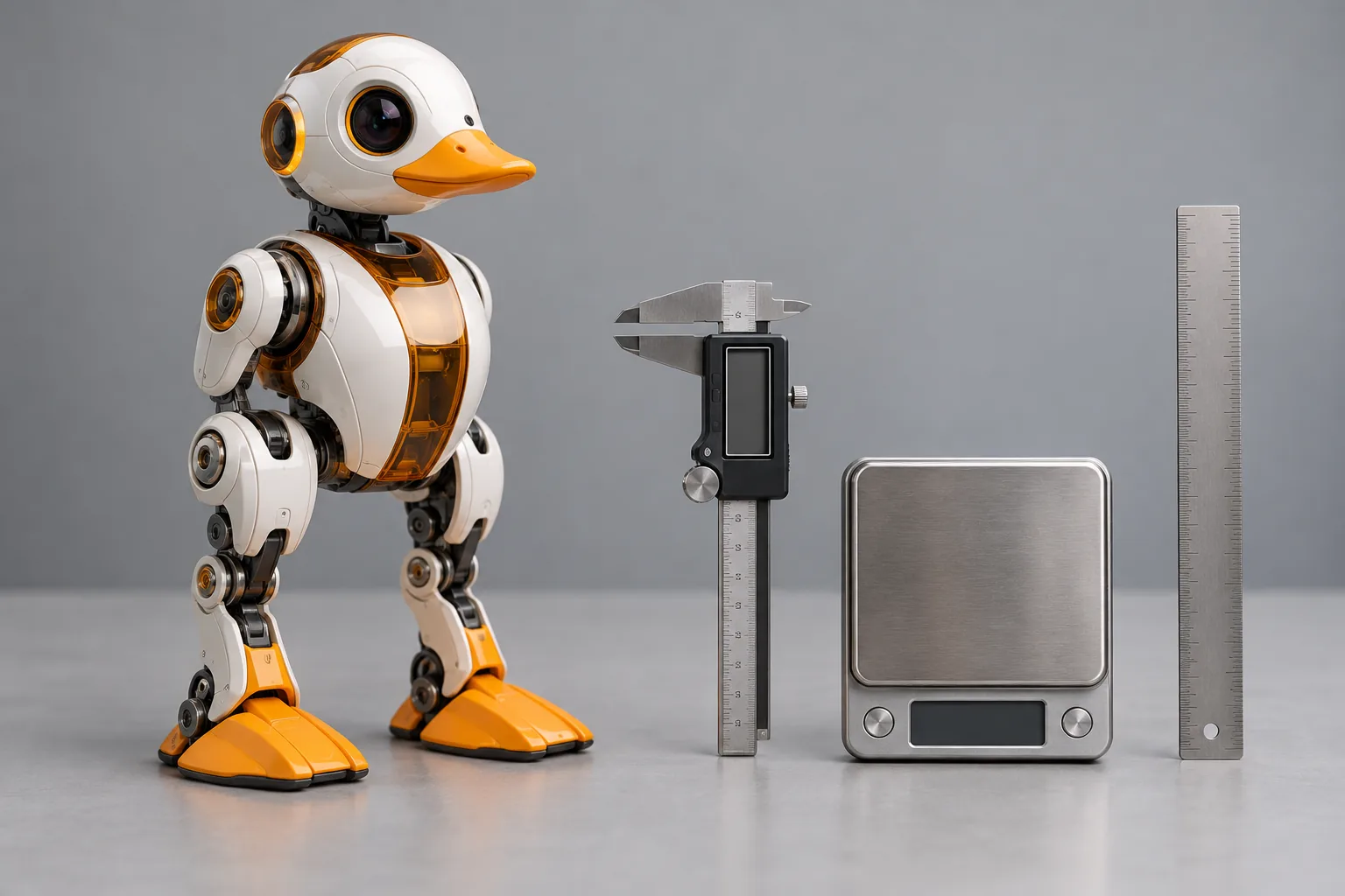 A Microduck robot standing next to measuring tools on a desk