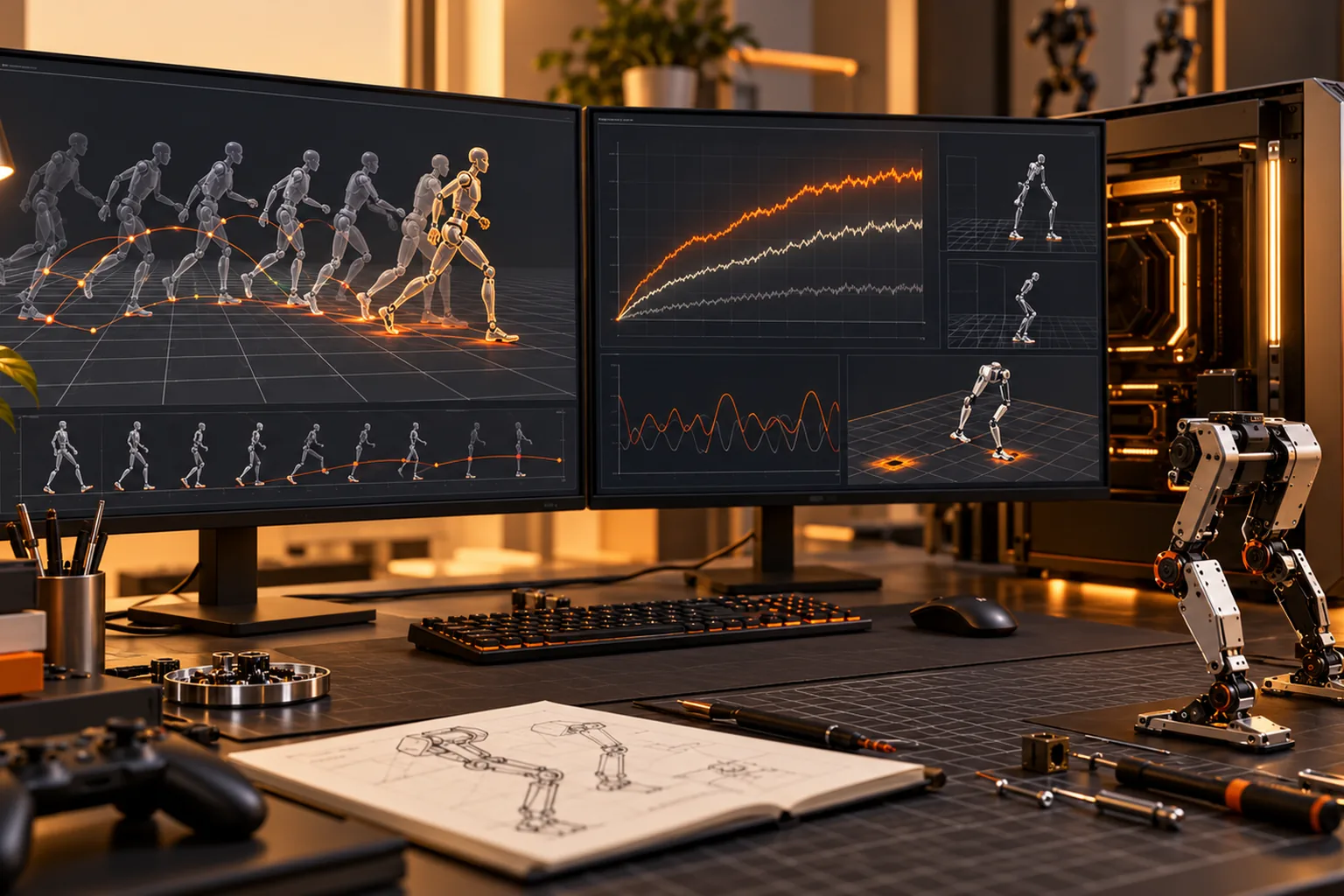 Editorial technical illustration of a GPU workstation connected to a simulated biped robot