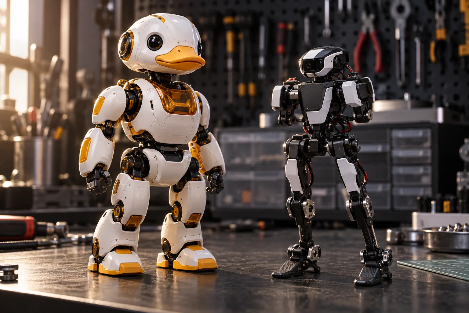 A Microduck biped robot in a workshop next to a smaller robot