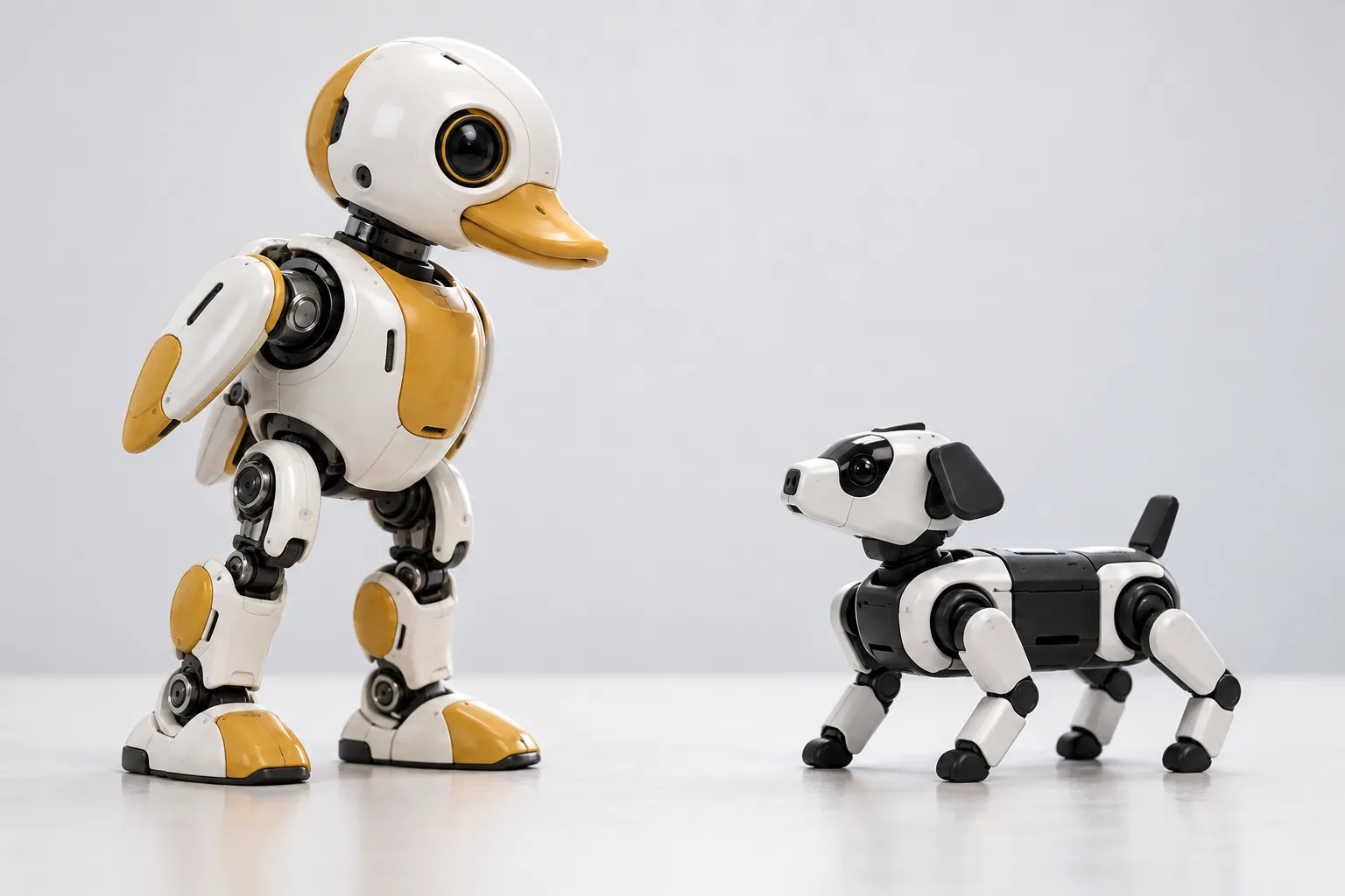 A Microduck next to a small quadruped robot dog