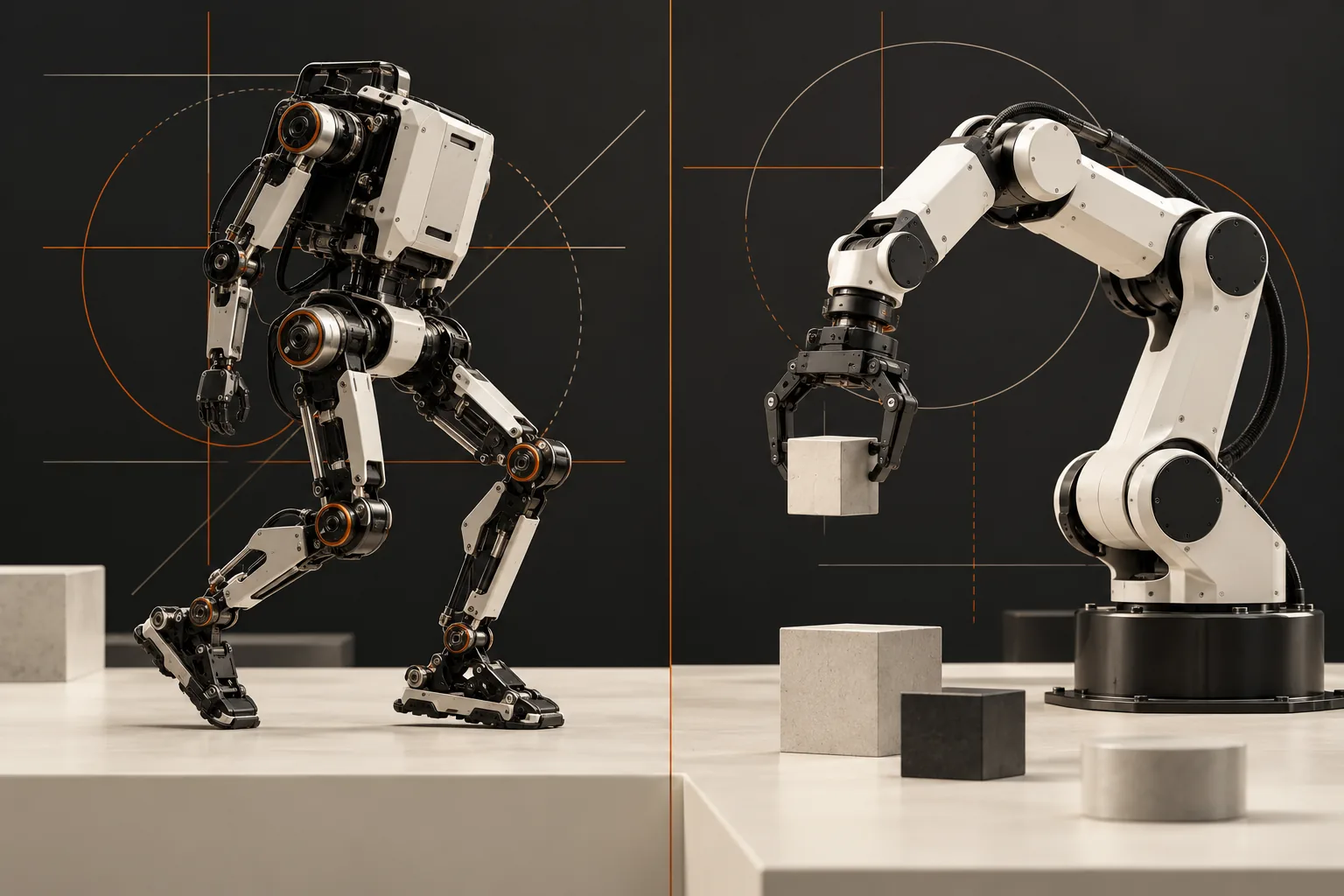 Editorial split scene comparing a biped robot in motion with a small robotic arm