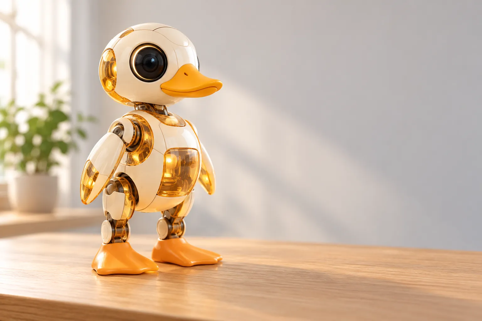 白色与橙色 Microduck 双足机器人站在明亮桌面上