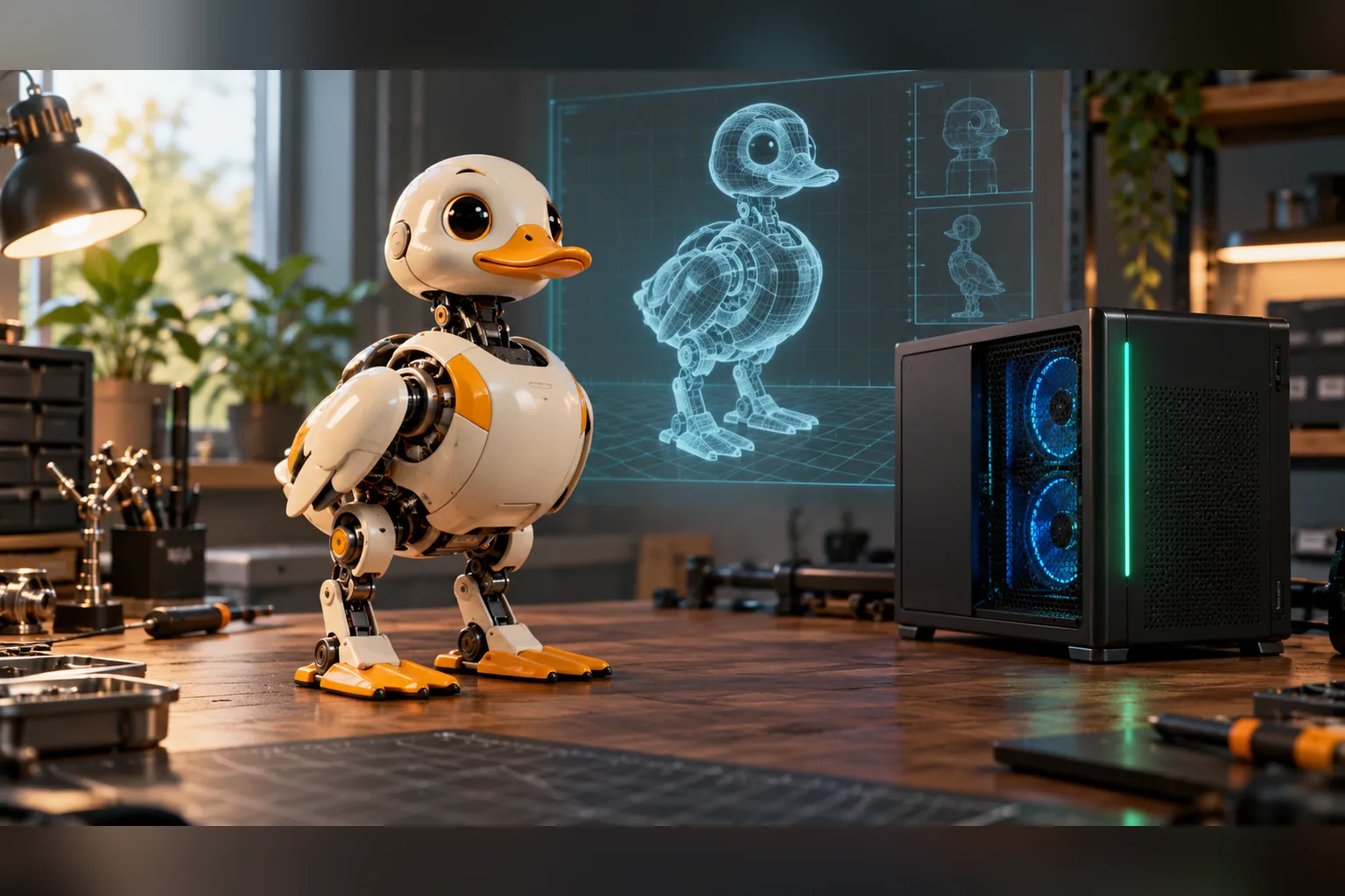 A small Microduck biped robot beside a GPU workstation used for simulation training