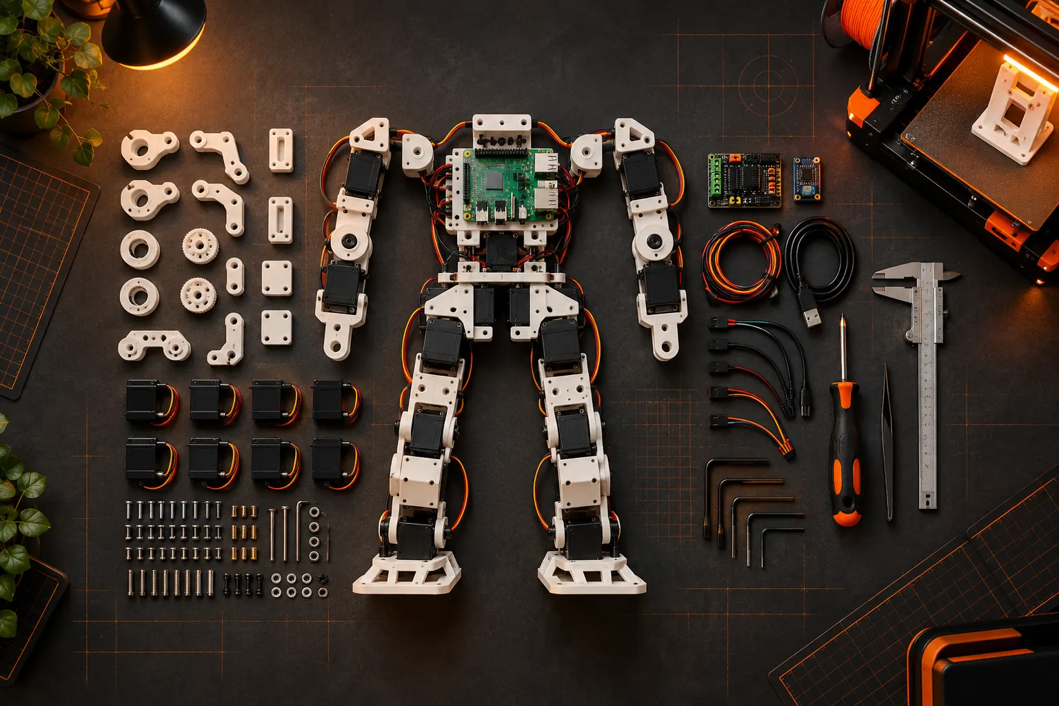 Editorial flat lay of 3D-printed robot parts, servos, fasteners and tools