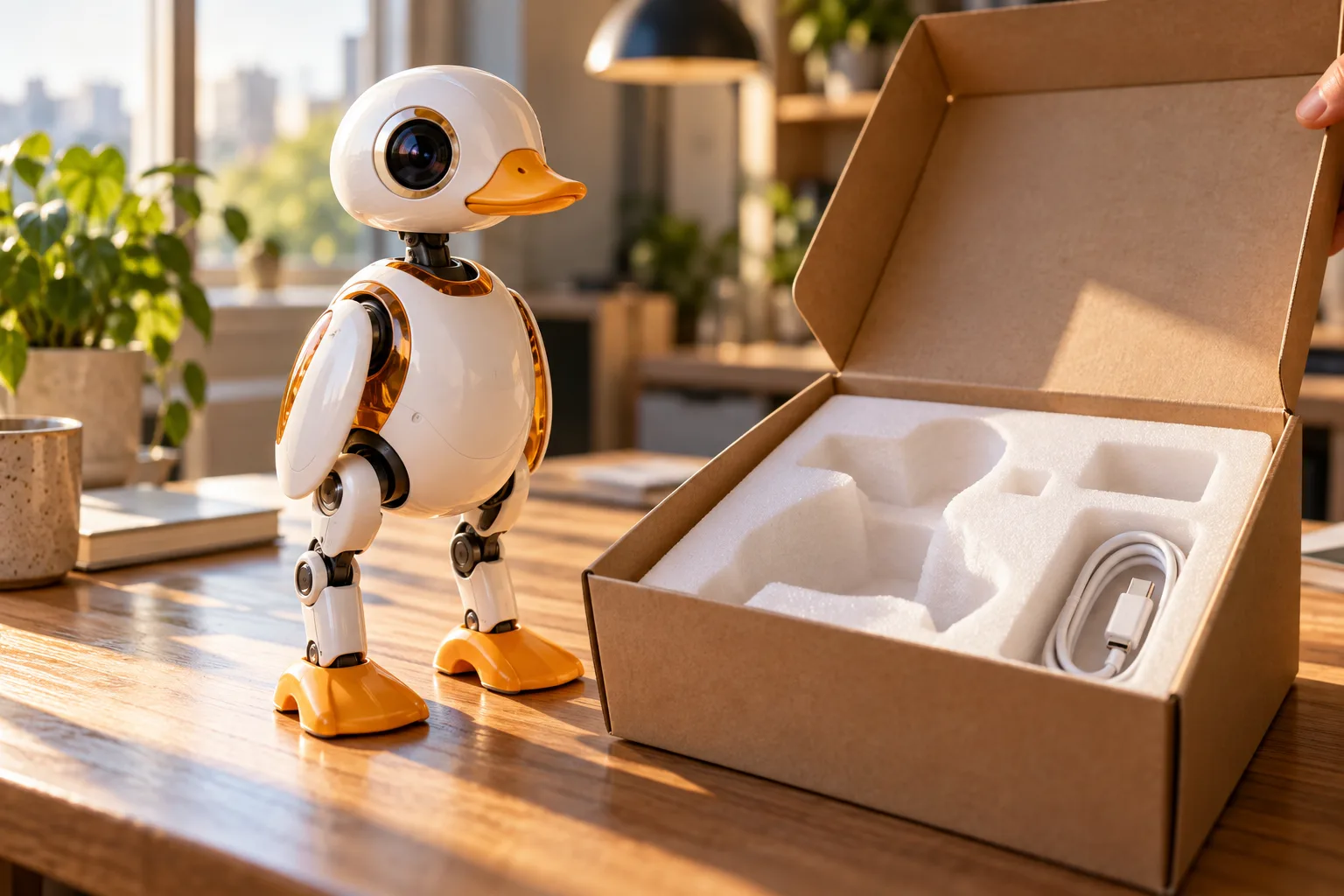 A Microduck robot standing next to its packaging